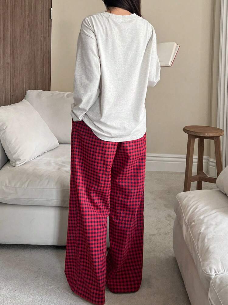 Solid Color Loose T-Shirt Top & Plaid Long Pants Women's Sleepwear Lounge Set, Fall Winter Clothes, Cozy Outfits