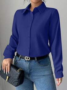 Elenzga Women's Solid Color Long Sleeve Single-Breasted Casual/Work Shirt Fall Cloth For Women - Navy Blue - View 5