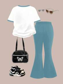 SHEIN Happikins 2pcs/Set Young Girl Casual Cartoon Pattern Round Neck Short Sleeve Top And Flare Pants Outfit, Suitable For Summer - Multicolor - View 2