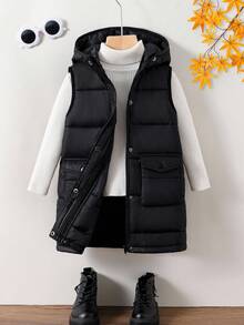 Emery Rose Kids Emery Rose Kids 少女无袖连帽收腰 MIDI 棉服外套，秋冬 - 黑色 - 查看 3