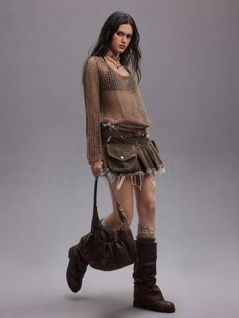 Grunge Punk Minifalda vaquera con diseño de bolsillos plisados, inspirada en el estilo vintage punk rock y de cintura baja para mujeres