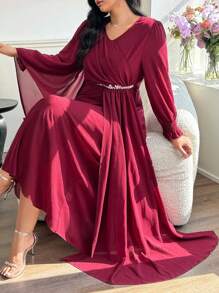 Modelyn Plus Size Women's Fashionable & Elegant Crystal Embellished Dress - Burgundy - View 7