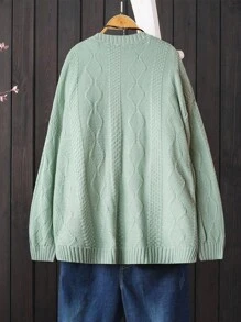 EMERY ROSE Plus Size Women Floral Embroidery Sage Green Cardigan,1950s Vintage Fall Winter  Drop Shoulder Long Sleeve Single Breasted Pocket Loose Cardigan - Mint Green - View 2