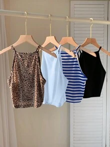SHEIN EZwear 4 件套女士豹纹、蓝色条纹、纯色浅蓝色、黑色吊带背心上衣，休闲修身，适合夏季 - 彩色 - 查看 2