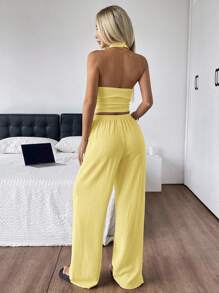 SHEIN EZwear 女士针织纹理吊带上衣和裤子休闲度假套装 黄色两件套 夏季两件套 女士舒适两件套 夏季两件套 休闲舒适两件套 女士度假套装 女士两件套 女士夏季套装 女士夏季套装 女士套装 - 鵝黃色 - 查看 2