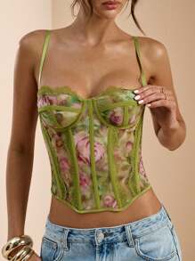 SHEIN BAE Spring/Summer Solid Green & Pink Flower Printed Sheer Lace Cami Bralette, Elegant Bralette, Beach Holiday Bralette, Sexy Elegant Cami Top, Women Cami Bra Top - Green - View 7