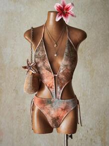 SHEIN ICON Women's Tie-Dye Backless Halter One-Piece Swimsuit, Vacation & Beach, Western Wear Women Boho Swimsuit Vintage Swimsuit - Multicolor - View 1