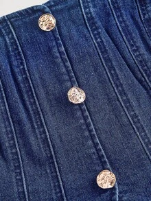 SHEIN MOD Áo denim nữ casual cài cúc phía trước, áo denim xanh mùa hè, áo cổ vuông, áo phong cách Gyaru, Y2K, mùa thu, áo đi chơi nữ, thanh lịch, phong cách cổ điển, áo dễ thương, sang trọng, vintage, áo corset - Rửa tối - Xem 3