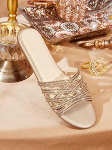 CUCCOO TILAWA Women's Rhinestone Hollow Design Casual Flat Slippers - Champagne - View 6