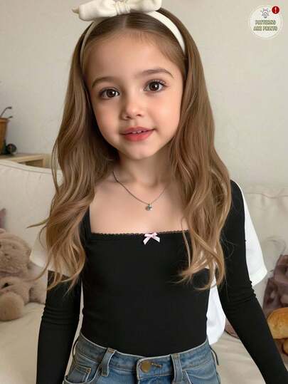 SHEIN Young Girl Solid Color Ruffle Collar Bowknot Fitted Long Sleeve Cropped Casual Elegant T-Shirt, Black, Sweet & Cool Girl, Personalized Sweet, School Style, Back To School Season Kids Black Top Girls Black Top Fall Winter