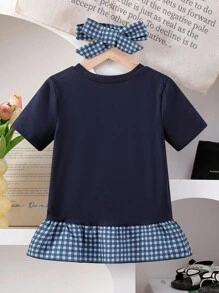 Girls Casual Chic Navy 2 In 1 Plaid Patchwork Short Sleeve T-Shirt With Tie, Slim Fit, Summer Girls Shirts Teen Girl Shirts Casual Shirts For Girls Gingham Ruffle Shirt Babydoll Tops For Girls - Black - View 2