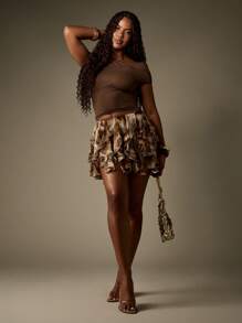 MISSGUIDED Leopard Print Mini Skirt Tiered Ruffle Layered Party Festival Club Night Summer Fall Party Flounce Evening Occasion Wear - Apricot - View 3