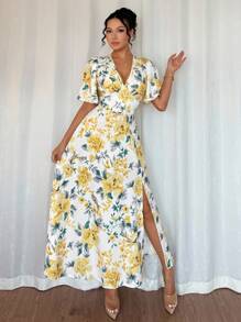 Chiquease 优雅荷叶边V领开衩印花连衣裙，春夏大学校园连衣裙 - 黃色 - 查看 5