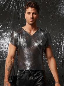 FeverCity 男士宽松时尚性感金属感V领短袖T恤