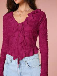 Enchnt Camiseta de manga larga con volantes en el bajo y lazada al frente de unicolor para mujer, de moda - Burdeos - Ver 8