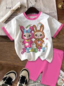 SHEIN Happikins 2件套女童休闲可爱卡通图案短袖T恤短裤套装，粉色，返校季，适合夏季女童短裤套装，女童服装套装，短袖两件套，女童夏季服装，女童服装 - 彩色 - 查看 2