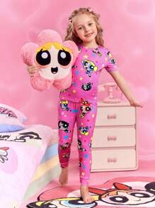 THE POWERPUFF GIRLS X SHEIN 少女花朵、泡泡、毛茛卡通图案粉色短袖T恤和裤子睡衣套装，可爱又俏皮 - 粉色 - 查看 1