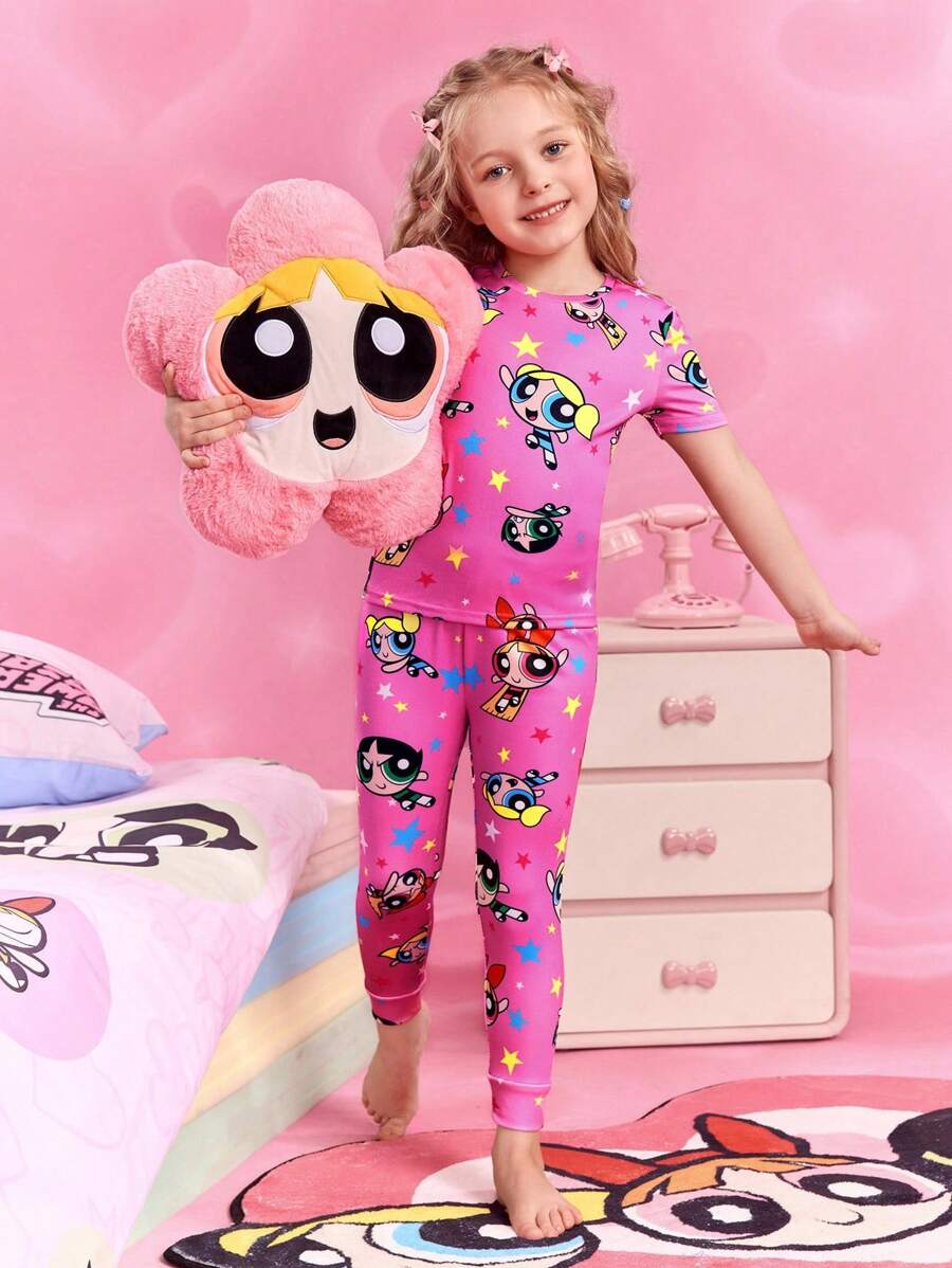 THE POWERPUFF GIRLS X SHEIN 少女花朵、泡泡、毛茛卡通图案粉色短袖T恤和裤子睡衣套装，可爱又俏皮 - 粉色 - 查看 1