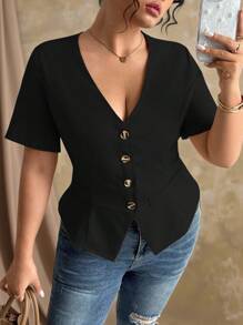 Roveilla Áo kiểu nữ cỡ lớn cổ chữ V tay ngắn mùa hè kiểu Pháp, áo nữ mùa hè, áo công sở, áo kiểu nữ. - màu đen - Xem 5