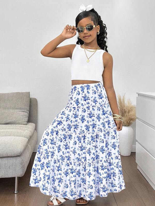 Tween Girls Casual Ditsy Floral Patchwork Skirt Skirt Two Piece Set Teen Girls Floral Maxi Skirt Outfit