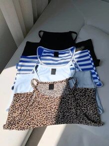 SHEIN EZwear 4 件套女士豹纹、蓝色条纹、纯色浅蓝色、黑色吊带背心上衣，休闲修身，适合夏季 - 彩色 - 查看 5