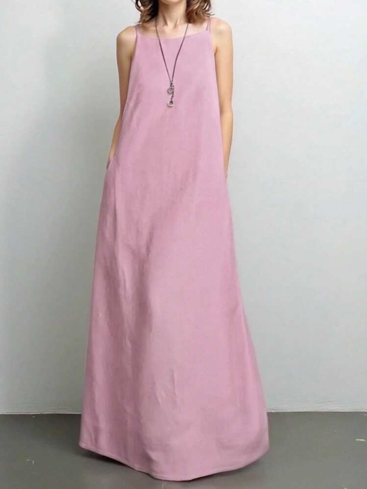 INAWLY Women's Casual Minimalist Solid Color Cami Dress With Pockets, Plus Size, Vacation/Leisure Wear - Pink - View 2