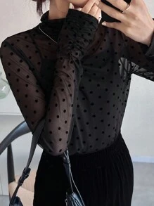 FRIFUL Women's Thin Transparent Turtleneck Polka Dot Flocked Fitted Solid Color Casual Autumn Wear Top Long Sleeve Women Tops,Fall Women Clothes