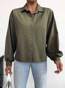 EURMUSE Cotton Solid Drop Shoulder Oversized Shirt - Army Green - View 3