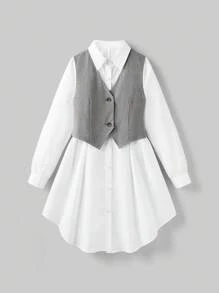 Ontre 青少年女孩长袖衬衫连衣裙（含背心）两件套服装 - 灰色 - 查看 1