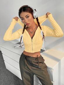Flirla 女式扭纹图案长袖拉链前连帽短款开衫，百搭又性感 - 黃色 - 查看 3