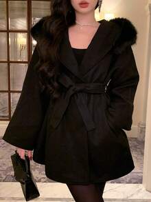 DAZY Women's Elegant Collar Belt Overcoat, Autumn/Winter Jacket - Black - View 5