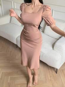 DAZY 女士纯色方领褶皱泡泡袖中长连衣裙 - 米色 - 查看 4
