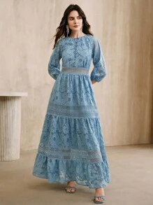 Anewsta French Elegant Lace-Up Lace Hollow Out 3/4 Sleeve Dress For Women, Elegant Office Dress, Western Outfits For Women, Boho Women's Clothing