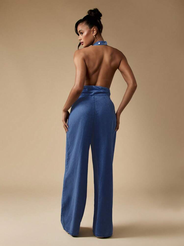 MISSGUIDED Halter Neck Denim Jumpsuit With Wide Leg Design