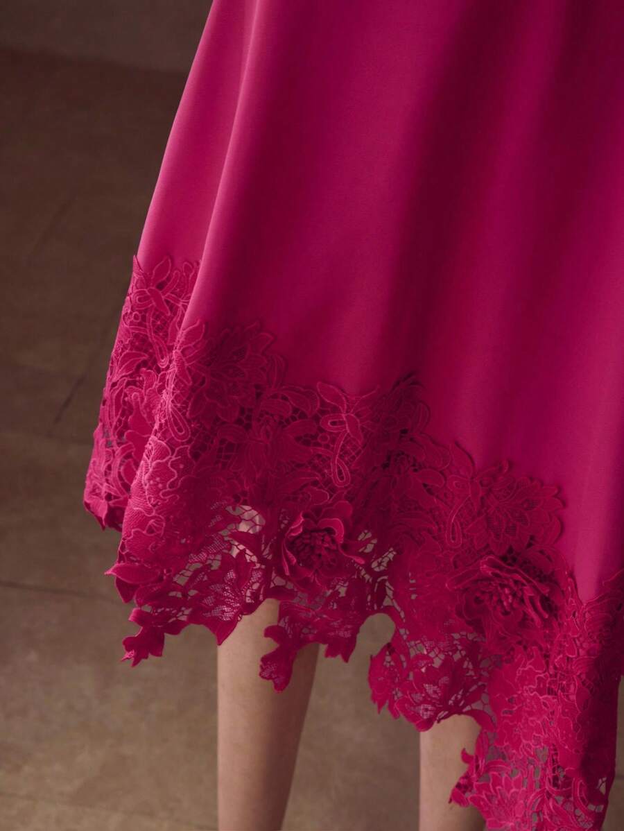 MOTF PREMIUM CONTRAST GUIPURE LACE HEM BUCKLE BELTED SHORT DRESS