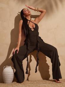 Vixey 荷叶边镂空吊带阔腿连体裤，波西米亚风，波西米亚风女装，乡村演唱会服装，西部风，乡村女装，西部风女装，夏季女装 - 咖啡棕 - 查看 4