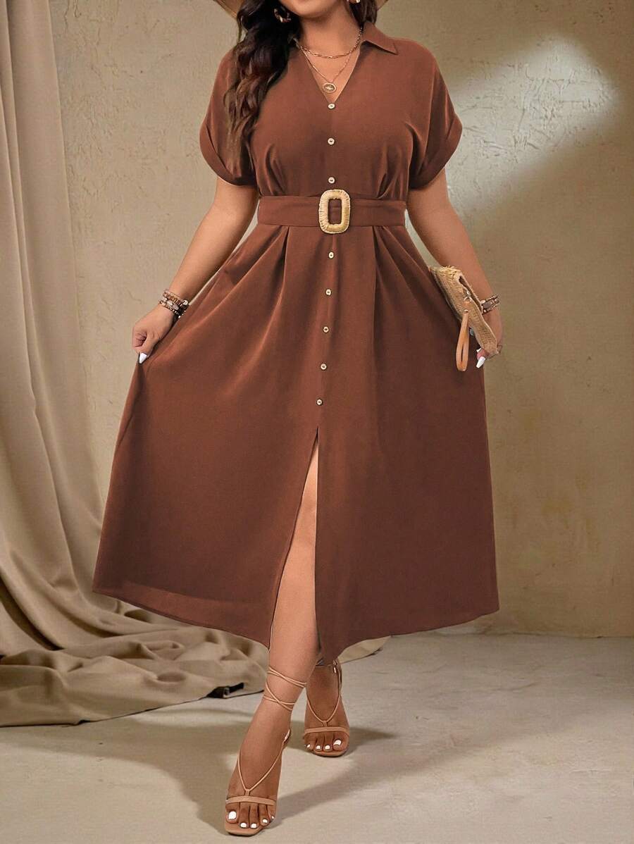 Roveilla 加大号女士纯色袖系带衬衫裙，适合夏季长款女士服装 - 鏽棕色 - 查看 1