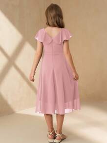 SHEIN Tween Girl Elegant Minimalist Fashion V-Neck Ruffle Collar Sleeveless High Waist Mid-Length Solid Color Chiffon Fabric Pink Dress, Summer Tween Girl Graduation Ceremony Wedding Flower Girl Dress - Pink - View 2