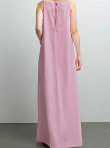 INAWLY Váy hai dây màu trơn tối giản giản dị dành cho nữ có túi, cỡ lớn, trang phục đi nghỉ/giải trí - Hồng - Xem 4