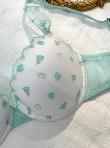 DelicateAllure Áo ngực có gọng cúp 3/4 thêu họa tiết, nâng ngực và tôn dáng, đồ lót nữ dễ thương và quyến rũ - màu xanh lá - Xem 4