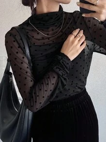 FRIFUL Women's Thin Transparent Turtleneck Polka Dot Flocked Fitted Solid Color Casual Autumn Wear Top Long Sleeve Women Tops,Fall Women Clothes