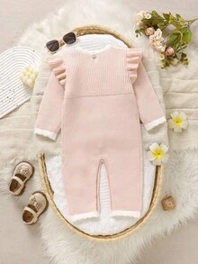 SHEIN Bộ đồ liền thân dệt kim nơ hồng dễ thương cho bé gái, mềm mại và thoải mái, thích hợp mặc hàng ngày, ngoài trời, du lịch, nghỉ mát, ở nhà, nhà trẻ và chơi đùa với bé gái - Màu Hồng baby - Xem 2