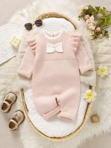 SHEIN Bộ đồ liền thân dệt kim nơ hồng dễ thương cho bé gái, mềm mại và thoải mái, thích hợp mặc hàng ngày, ngoài trời, du lịch, nghỉ mát, ở nhà, nhà trẻ và chơi đùa với bé gái - Màu Hồng baby - Xem 10