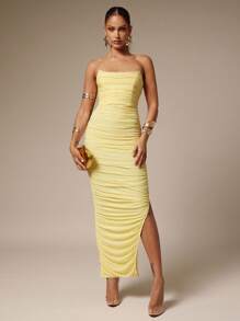 Silquee 女式纯色褶皱侧开衩下摆修身连衣裙