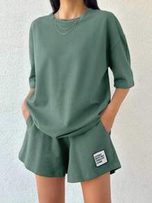 EURMUSE 100%Cotton Women Solid Color T-Shirt & Embroidery Detailed Shorts