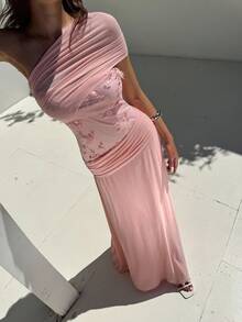 Aloruh New Sexy Asymmetrical Neck Vacation Style Jacquard Knit Contrast Mesh Flowy Draped Ruched One Shoulder Cinched Waist 2 In 1 Dress - Pink - View 6