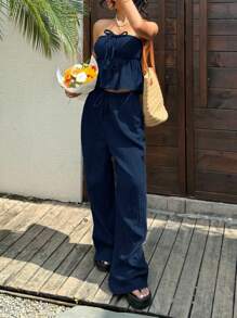 SHEIN EZwear Ensemble casual femme débardeur et pantalon en coton tressé bleu marine