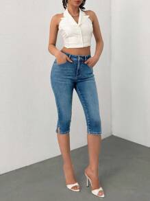 EURMUSE High Waist Slant Pocket Comfort Slim Capri Jeans - Light Wash - View 7