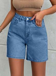 EURMUSE 100%Cotton LIGHT WASH HIGH WAIST SHORT - Blue - View 3