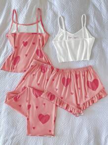 SHEIN 4 件套女士可爱心形印花吊带背心上衣和短裤睡衣套装 - 粉色 - 查看 2